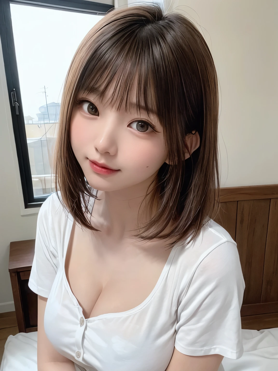 (8k、highest quality、masterpiece:1.8、bangsのあるショートボブヘア:1.8)、(Genuine、Genuineistic:1.5)、Very detailed、1 girl、28 years old、cute、alone、Sitting、 (Beautiful face in symmetry、Beautiful face with golden ratio、smile:1.15)、(Mouth closed)、big chest、Looking into the camera、Looking into the camerachest元、Beautiful and beautiful eyes、big, Round eyes、Transparent double eyelids、eyelash、lips、(White shirt:1.6)、(short hair:1.2)、Very black hair:2、bangs、Light brown eyes、Long neck、smile、shut up.、cute face、Genuineistic skin types、Genuineの質感、Unbutton、淡いピンクのlips、There's Genuinely no background、Genuinely pure white background、28 years old,Natural light、上lipsが厚くない、Hands are lowered、(({Huge|big|Hugeな|Mega} chest:2, chestの谷間:2、Beautiful décolletage))