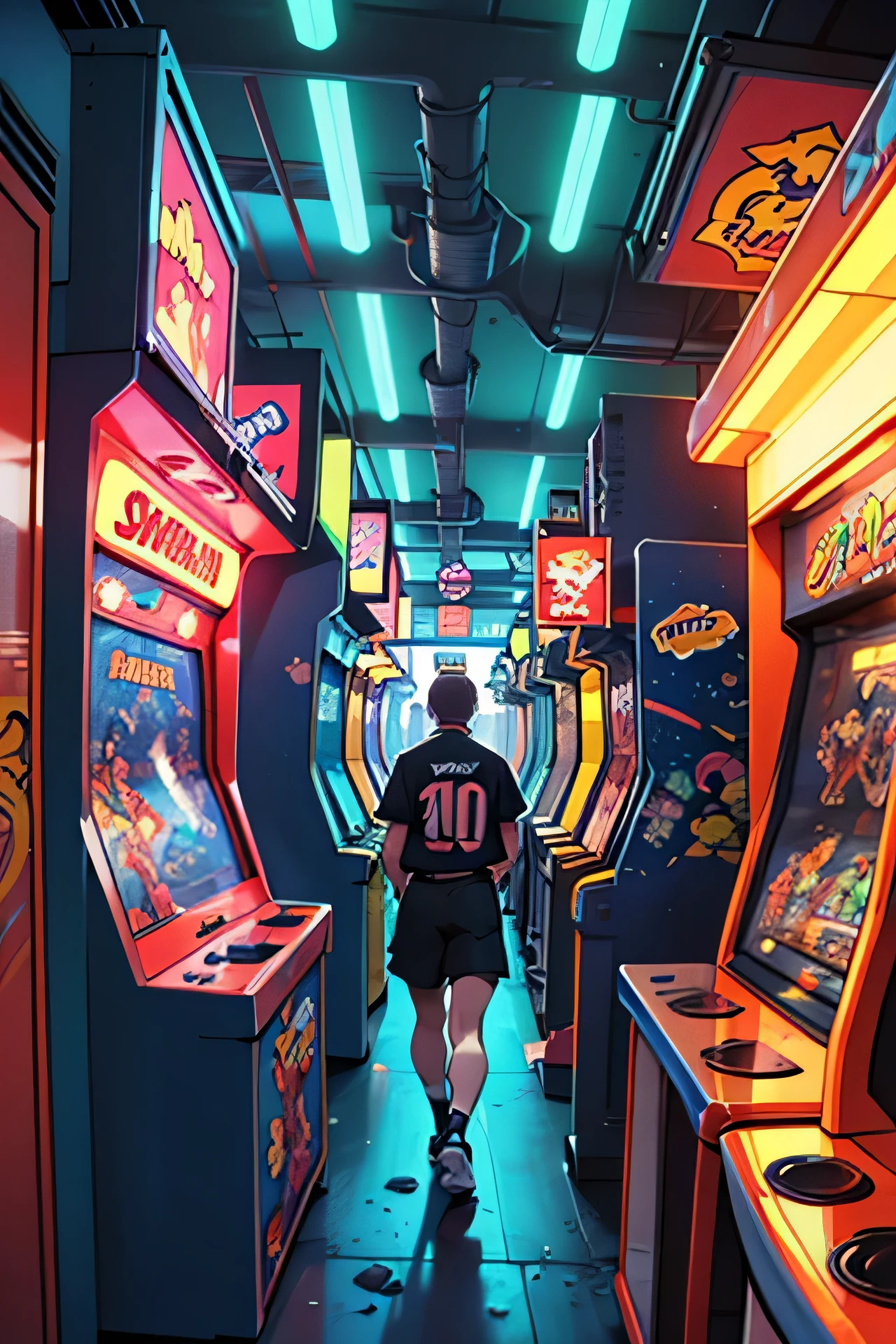 Vintage 90s Pixar anime style neon pixels wide environmental shot of a chaotic arcade at night; uma mulher vestindo streetwear jogando um jogo de arcade; por Hajime Sorayama, Greg Tocchini, virgil finlay, sci-fi. arte de linha. Arte arcade ambiental.