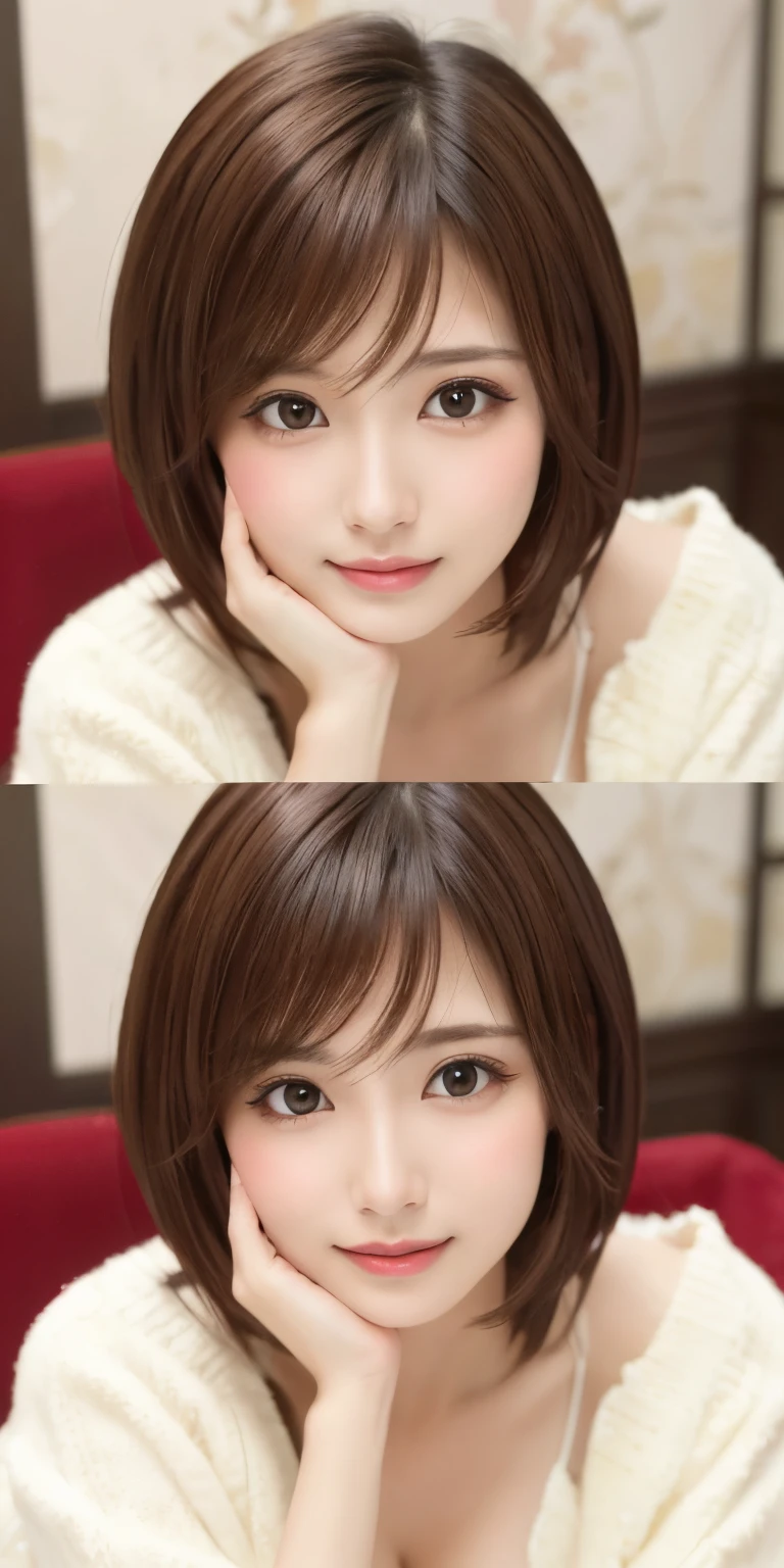 masterpiece、highest quality、High resolution、Tabletop、wallpaper、Realistic、Bright lighting、Professional Lighting、Face Light、smooth lighting、Japanese women、Adult、Beautiful woman、action、gravure、sexy、poor、so beautiful、Beautiful Skin、Beautiful and detailed、Detailed face、slim、moderately、short hair、Brunette colored hair、Brown eyes、Looking at the camera、、Cleavage