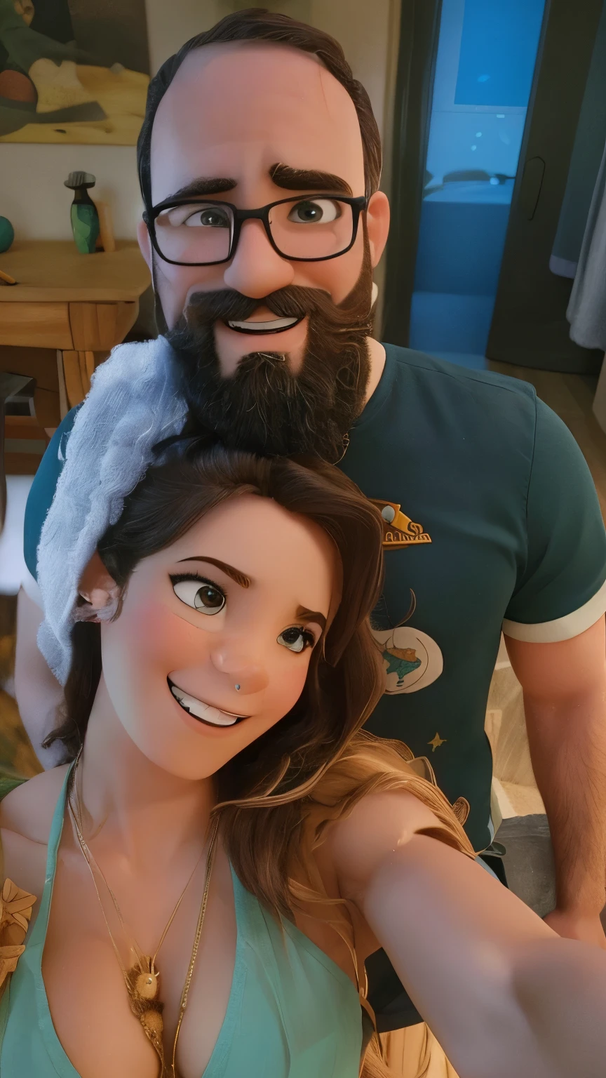 Homem com barba cheia da cor castanho avermelhado, sorriso de canto e cabelo claro e curo de bochecha colada com uma sorridente de cabelo medio e castanho
