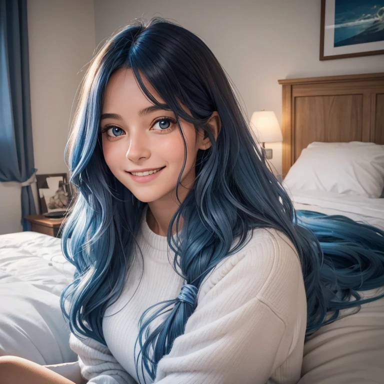une jeune femme dans la vingtaine, with long wavy blue hair of a soft brown framing a delicate face. Ses grands yeux bleu. Her warm smile lights up her face and transmits positive energy. Elle est dans sa chambre, sur son lit. On voit toute sa chambre et aussi son chat