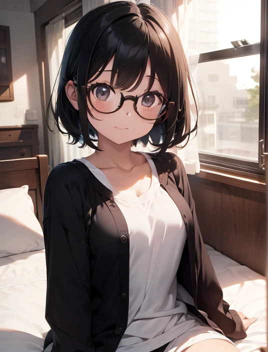 (Tabletop, highest quality, Capture the cutest moment, Depth of written boundary, Ultra-detailed, Ultra-high resolution, c4d, Octadale, 3D modeling, 8k, 16K, One Girl、、Black-haired、short hair、Straight Hair、Light brown eyes,hair ornaments、Wearing black glasses、Laughter)、pajamas、、Sleepy eyes、On the bed