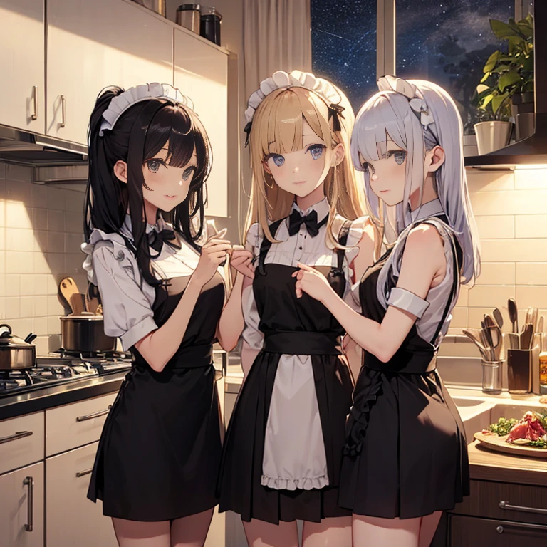 A group of maids, (in kitchen), various hair styles, harem, wearing maid uniform, night, details face, , short skirt, seducing, sleeveless , night, starry night 