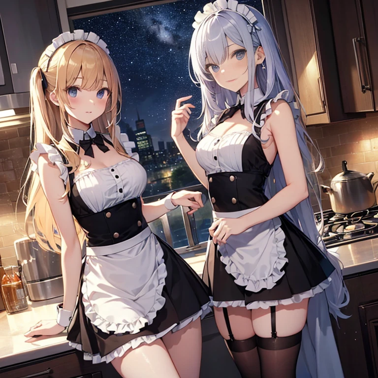 A group of maids, (in kitchen), various hair styles, harem, wearing maid uniform, night, details face, , short skirt, seducing, sleeveless , night, starry night