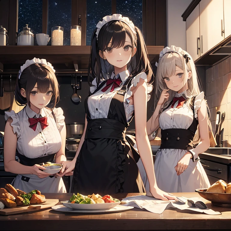 A group of maids, (in kitchen), various hair styles, harem, wearing maid uniform, night, details face, , short skirt, seducing, sleeveless , night, starry night