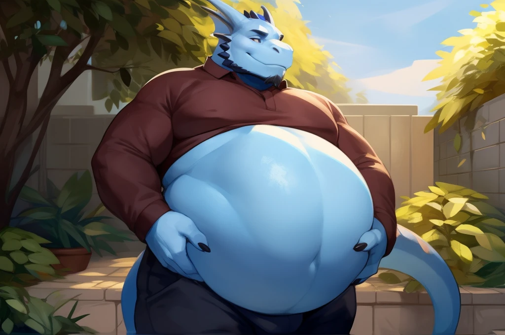 4k ultra quality, 4k full body view,ultra 4k ultra quality, 4k full body view,ultra high detailed body,blue skin fur,male,dragon detailed body, detailed belly,beard, white belly fur, big lizard, wide chubby face, overweight male, chubby belly, big belly, ((round belly)), obese belly, (enormous belly), ((ultra enormous body)), massive belly, massive body, big musclegut, massive,（wide body）, massivegut, massive body, massive belly, (enormous gut),Mpreg, pregnant belly, pregnant gut,enormous belly, mature male, bulge by mystikfox61, by glitter trap boy, by bebebebebe,by morethreedee, by seibear,long sleeve,dress pants,garden,size deference,warm atmosphere, morning,standing,posing,nervous face