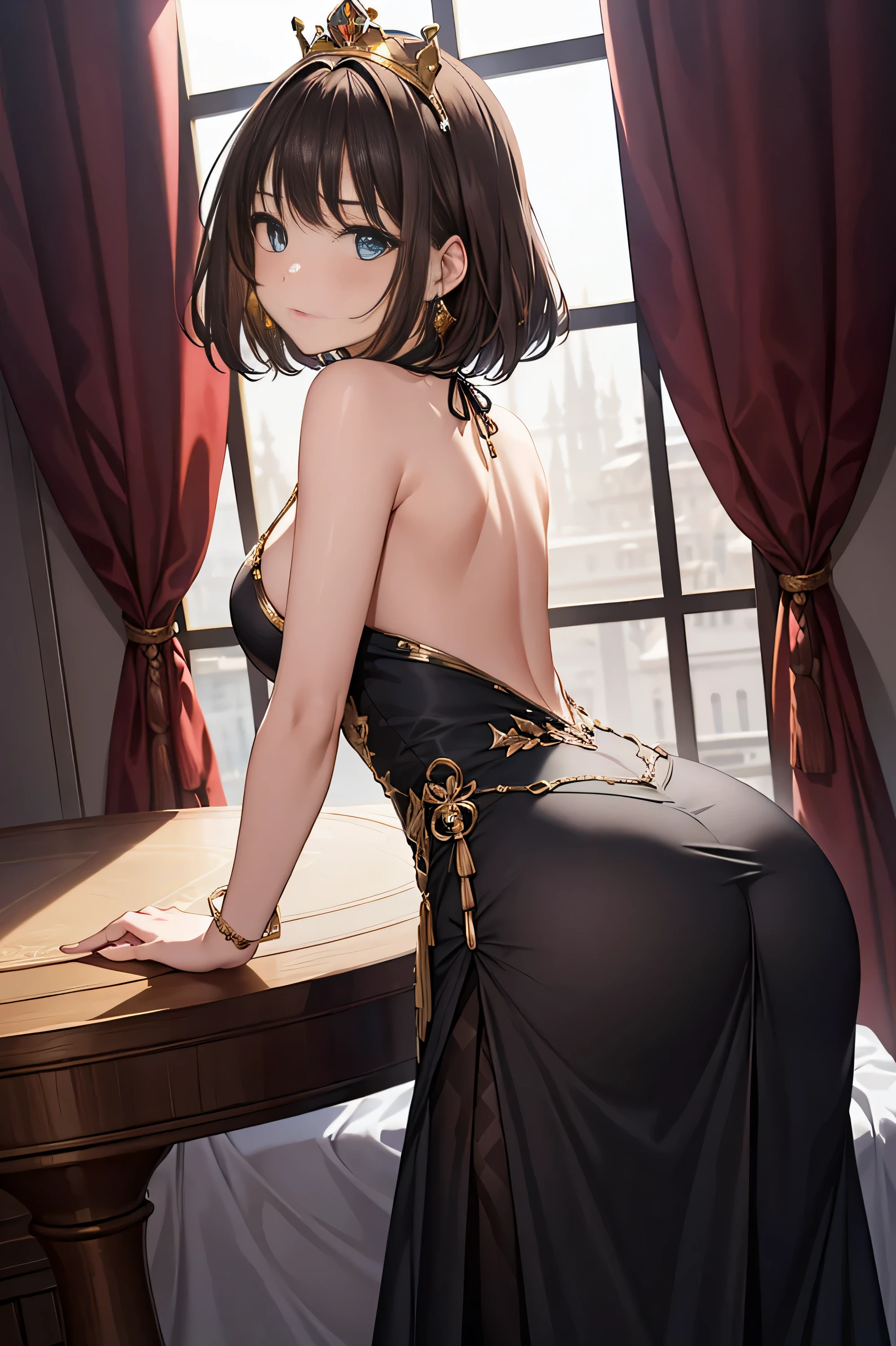 20 year old female,enchantment,Sacred,in love,Mid-chest、Seductive pose,(black and red princess dress:1.2),Dark blonde hair,Blue Eye Aximalism,Multi-layered delicate frills,Lots of races,(Delicate pattern:1.1),(Exquisite costumes:1.1),(Yellow-white tone),Princess Crown,See-through transparent clothing,Beautifully detailed face,Bedroom scenes in western mythology,night,The only person,(Flowing skirt:1.1),beautiful dear other.、,race,(Shine:1.2), (highest quality), (Tabletop:1.2),、Pose that emphasizes the buttocks、Pink lace panties