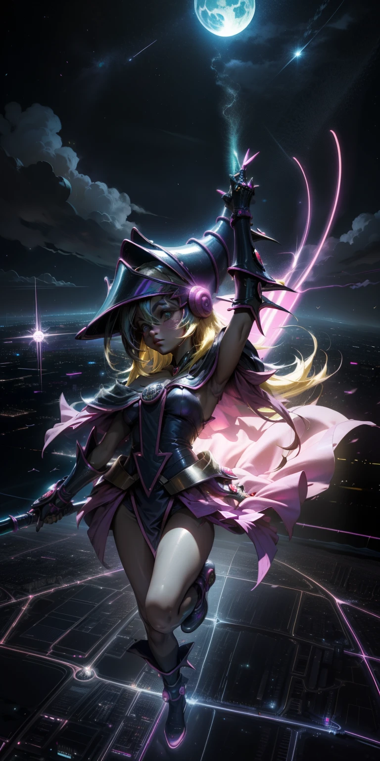 Mujer preciosa dark magician girl ( neon cyberpunk ), The neon sings, neon lighting, RTX chica maga oscura iluminando volando en el aire. Encima de la ciudad a media noches. Luna llena. Cielos de estrellas. Mago oscuro volando