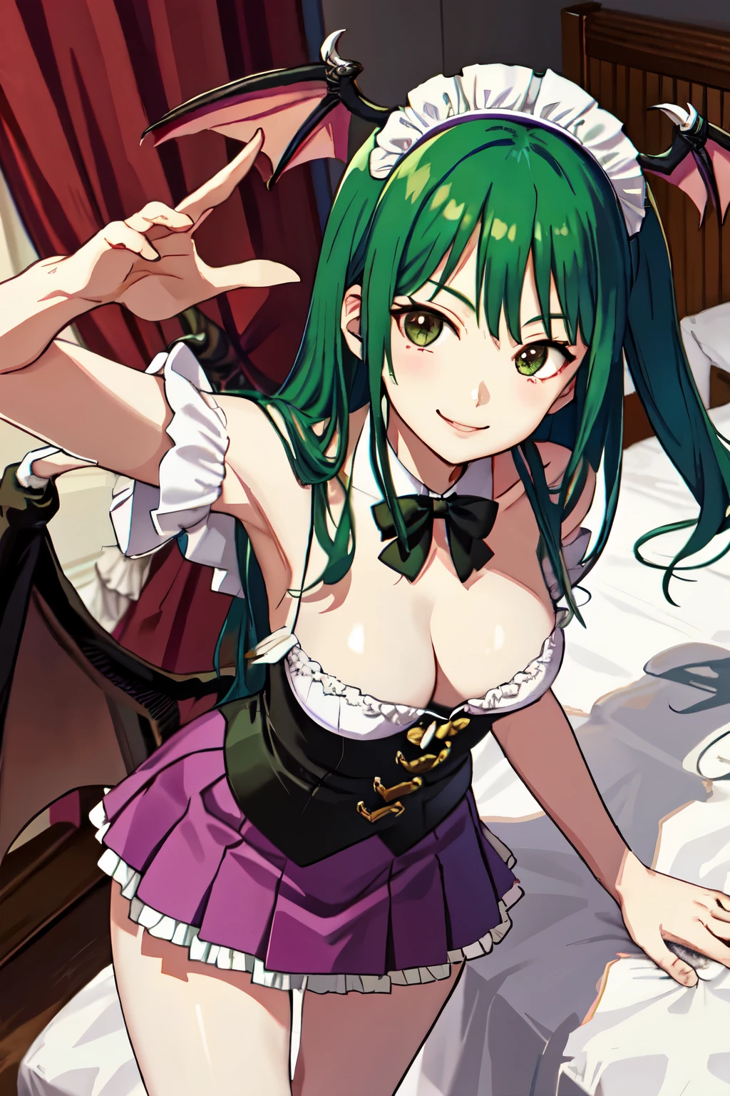 High Resolution、Morrigan、adult woman、smile evilly、Wicked Smile、 Most detailed,Miniskirt、Maid clothes、Hotel Rooms、