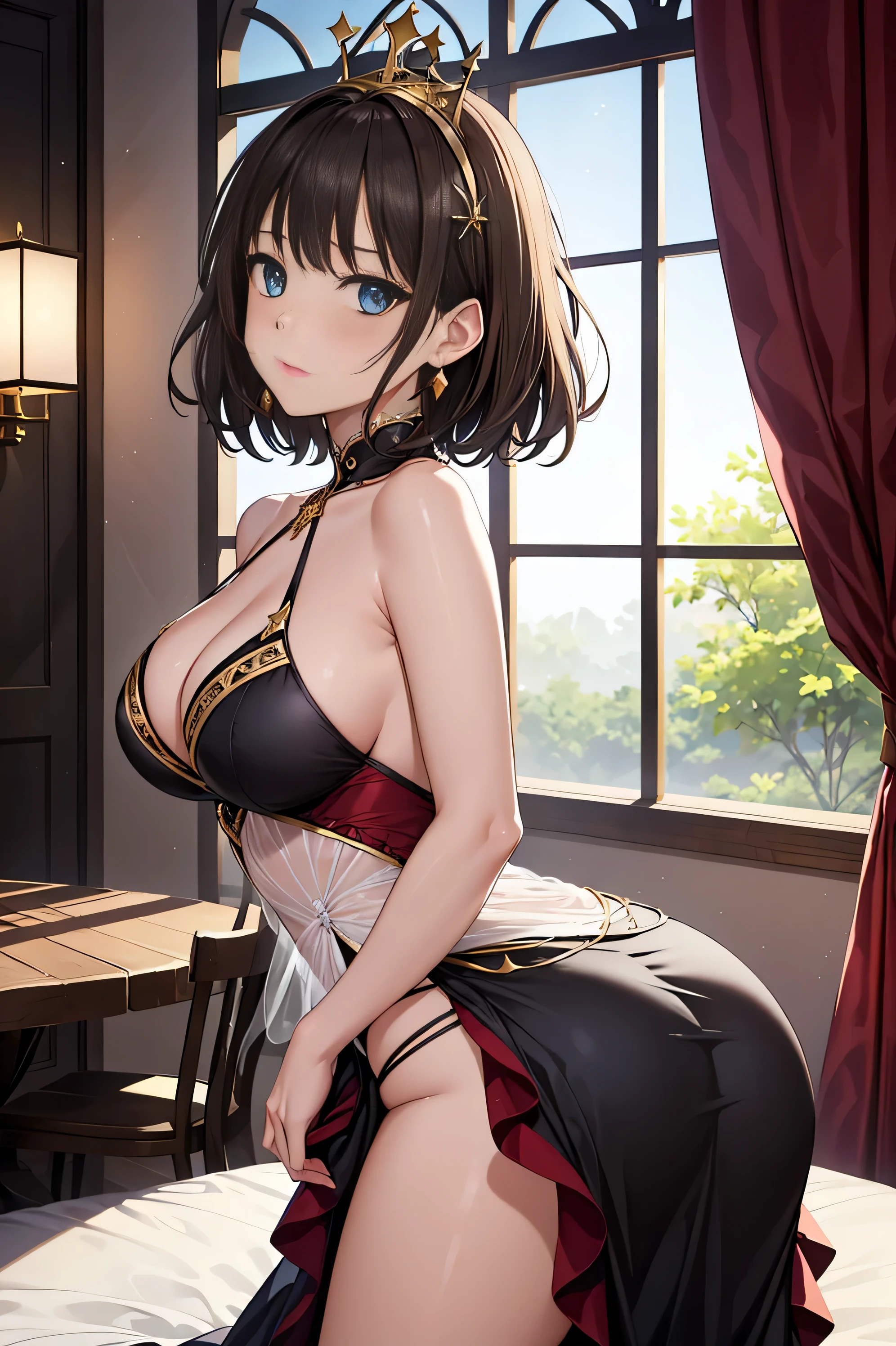 20 year old female,enchantment,Sacred,in love,Mid-chest、Seductive pose,(black and red princess dress:1.2),Dark blonde hair,Blue Eye Aximalism,Multi-layered delicate frills,Lots of races,(Delicate pattern:1.1),(Exquisite costumes:1.1),(Yellow-white tone),Princess Crown,See-through transparent clothing,Beautifully detailed face,Bedroom scenes in western mythology,night,The only person,(Flowing skirt:1.1),beautiful dear other.、,race,(Shine:1.2), (highest quality), (Tabletop:1.2),、Pose that emphasizes the buttocks、Pink lace panties