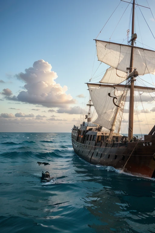 cat swimming in the sea away from a shipwreck