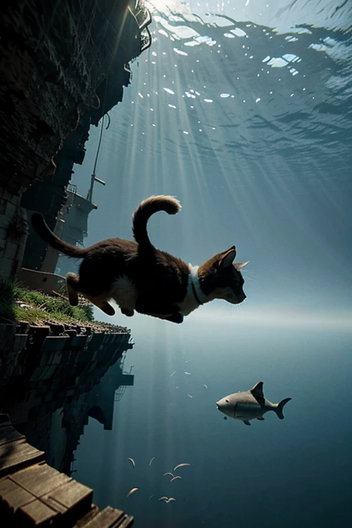 cat swimming in the sea away from a shipwreck