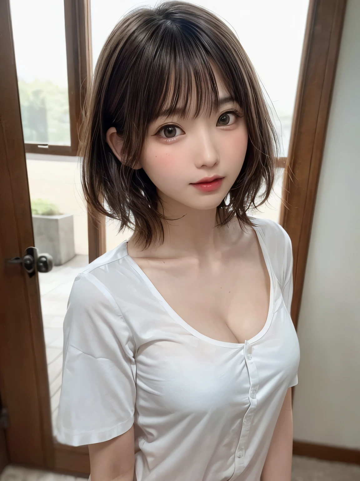 (8k、highest quality、masterpiece:1.8、bangsのあるショートボブヘア:1.8)、(Genuine、Genuineistic:1.5)、Very detailed、1 girl、cute、alone、Sitting、 (Beautiful face in symmetry、Beautiful face with golden ratio、smile:1.15)、(Mouth closed)、big chest、Looking into the camera、Looking into the camerachest元、Beautiful and beautiful eyes、big, Round eyes、Transparent double eyelids、eyelash、lips、(White shirt:1.6)、(short hair:1.2)、Very black hair:2、bangs、Light brown eyes、Long neck、smile、shut up.、cute face、Genuineistic skin types、Genuineの質感、Unbutton、淡いピンクのlips、There&#39;s Genuinely no background、Genuinely pure white background、28 years old,Natural light、上lipsが厚くない、Hands are lowered、(({Huge|big|Hugeな|Mega} chest:2, chestの谷間:2、Beautiful décolletage))