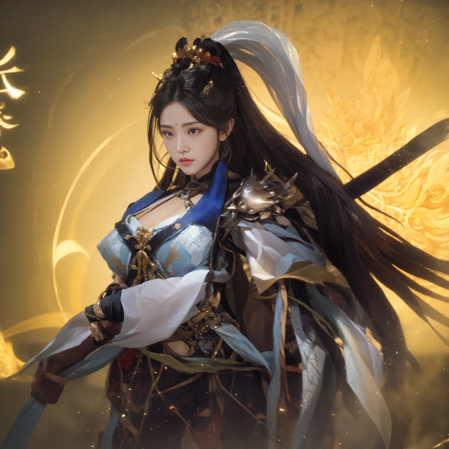 one wearing armor、Close-up of woman holding a rifle, xianxia hero, warrior queen, Inspired by Du Qiong, author:Yang Jie, Armor Girl, Inspired by Zhao Yuan, Inspired by Zhao Zuo, Inspired by Guo Chun, zhao yun, xianxia fantasy, full body xianxia, inspired by Wu Zuoren