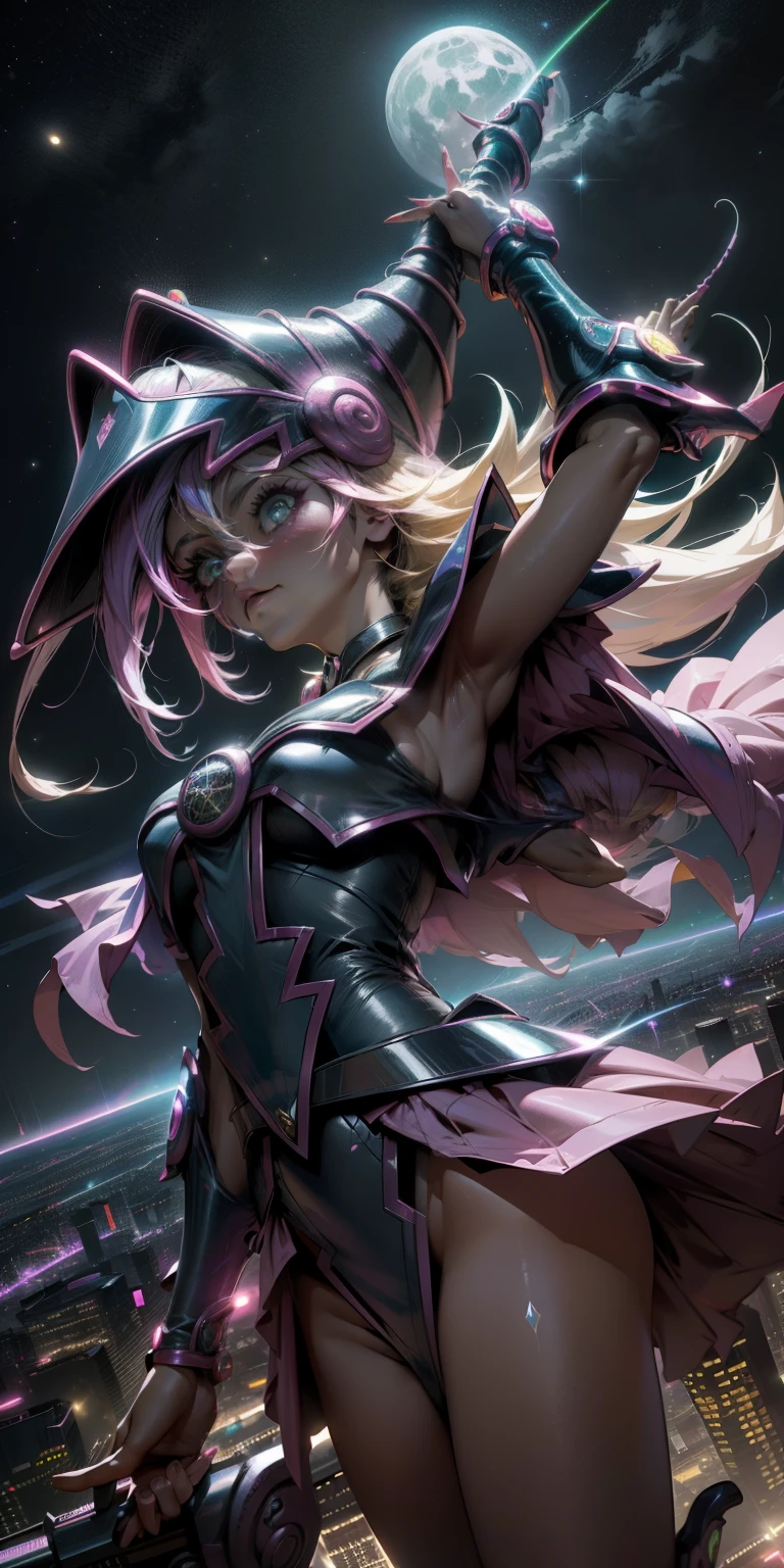 Mujer preciosa dark magician girl ( neon cyberpunk ), The neon sings, neon lighting, RTX chica maga oscura iluminando volando en el aire. Encima de la ciudad a media noches. Luna llena. Cielos de estrellas. Mago oscuro volando