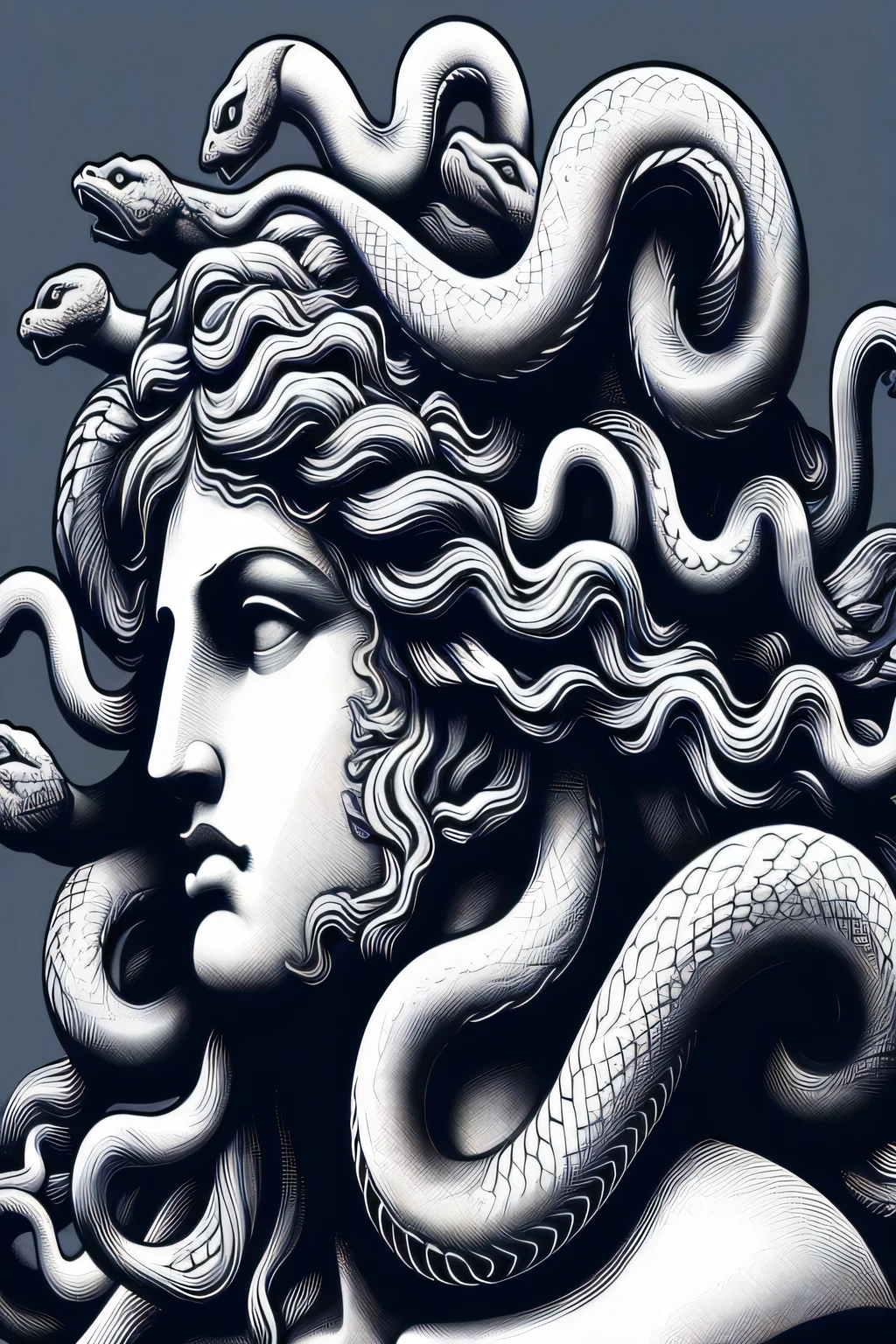 a close-up of the statue of a woman with snakes on her head, male Medusa, portrait of Medusa, Medusa, Medusa portrait painting, Medusa head, Medusa Gorgon head, fierce Medusa, Gorgon, dark portrait of Medusa, portrait of teenage Medusa, beautiful female Gorgon, Medusa made of wax, very sad Medusa, Medusa made of soft wax, Deus grego
