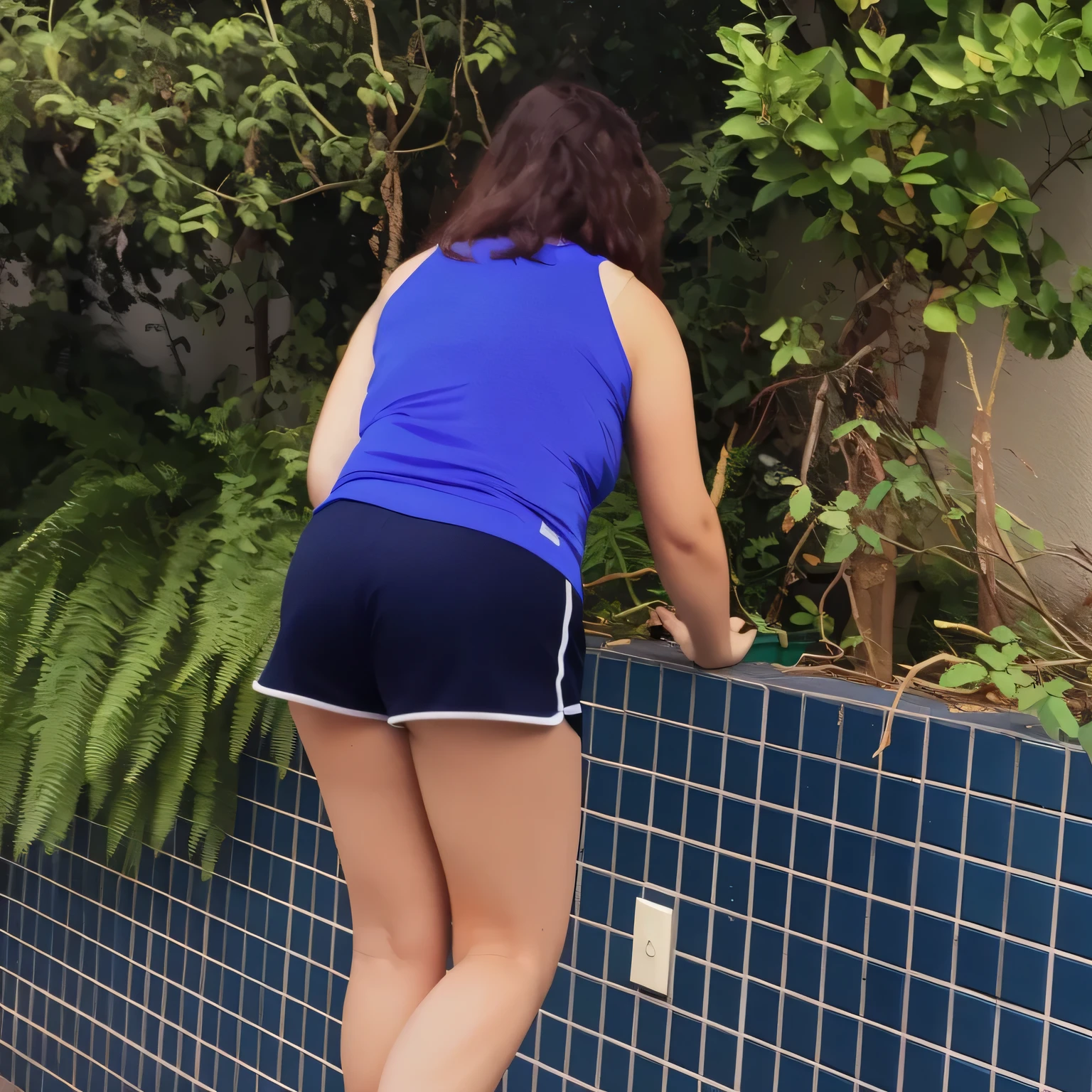 Woman standing in front of a garden, wearing very short black shorts and a blue top, photo of legs and hips, full body photo, toned legs, thighs!!!!!! . long brown hair, 35 years old, full body. Photo taken from behind. Beautiful woman, sexy pose, extremely sexy. A beautiful Brazilian woman, fitness body, sports top and dark blue shorts, toned legs. 4k, realistic, glamorous, and very detailed.