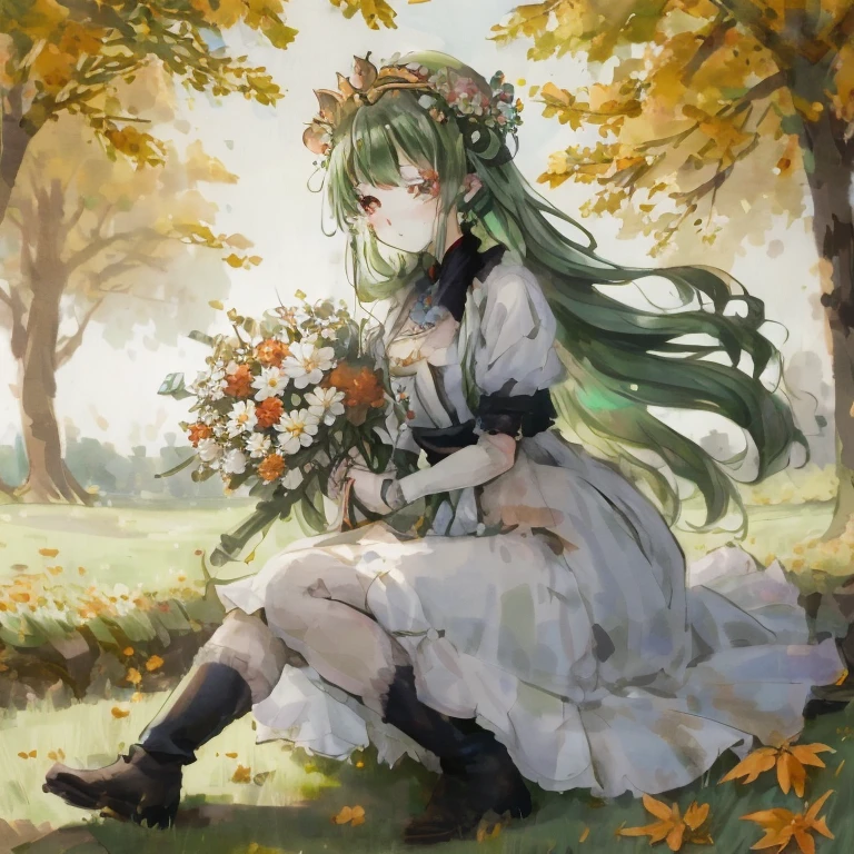 anime girl sitting on the ground with a bouquet of flowers, marin kitagawa fanart, autumnal empress, goddess of autumn, beginning of autumn, goddess of nature, a maid in a magical forest, the non-binary deity of spring, the goddess of autumn harvest, during autumn, with flowers, in dress, beautiful maiden, guweiz on pixiv artstation