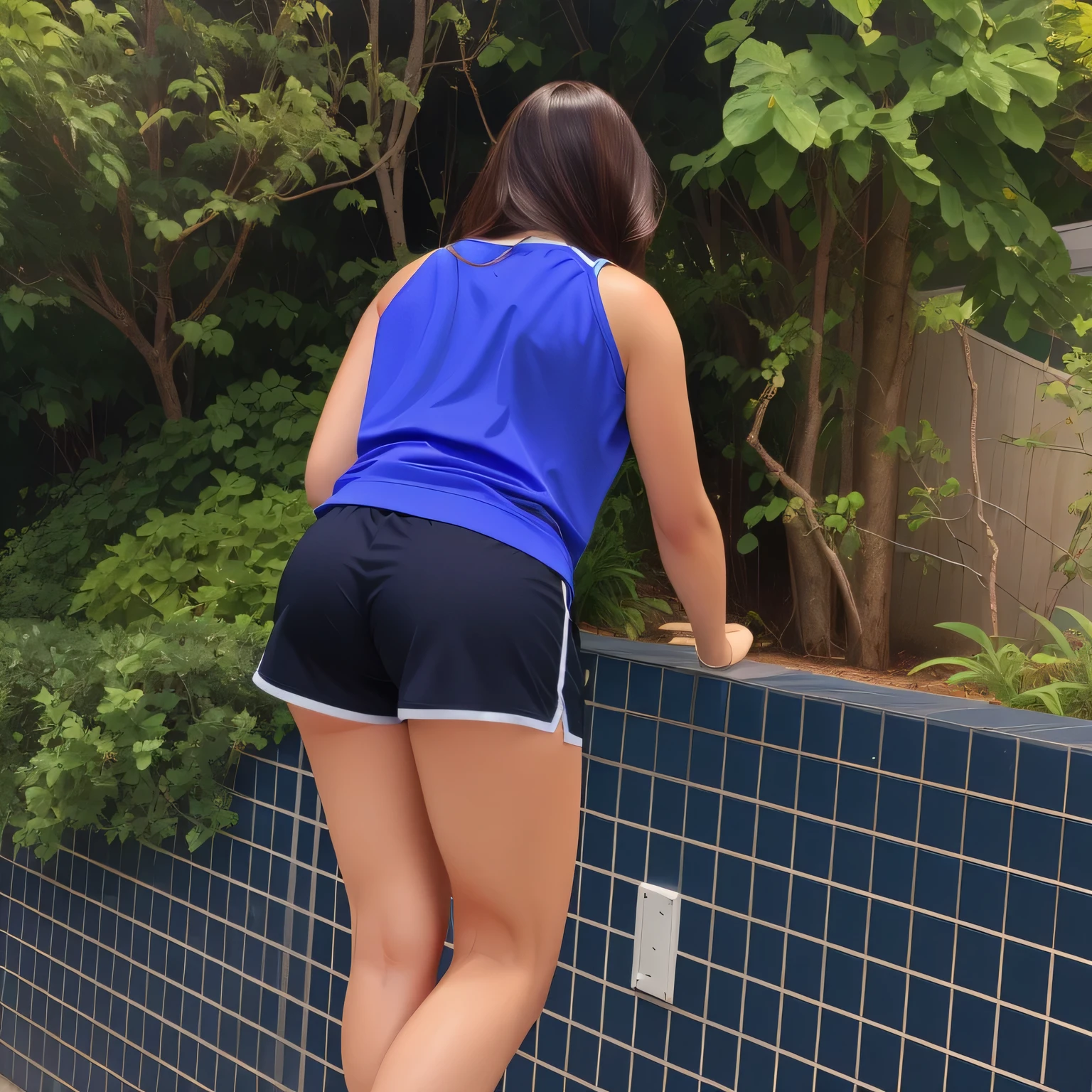 Woman standing in front of a garden, wearing very short black shorts and a blue top, photo of legs and hips, full body photo, toned legs, thighs!!!!!! . long brown hair, 35 years old, full body. Photo taken from behind. Beautiful woman, sexy pose, extremely sexy. A beautiful Brazilian woman, fitness body, sports top and dark blue shorts, toned legs. 4k, realistic, glamorous, and very detailed.