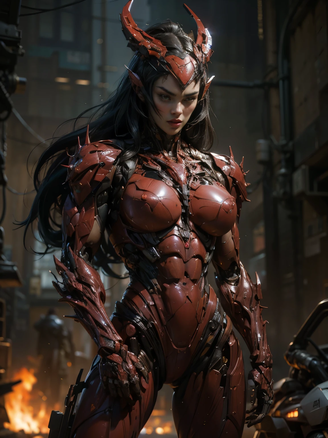 (1 skinless girl), (carnage skinless physique:1.5), (megan fox:1.5), (1 super muscular undead skinless succubus with gigantic horns:1.5), (covered in red necrotic rotting skinless muscle:1.5), (exposed muscular anatomy:1.5), (perfect fingers:1.25),(8k, RAW photo, photorealistic:1.25), dark horrific scary atmosphere, hellish landscape, Hellraiser like atmosphere,, by bernie wrightson and christos achilleos and thomas cook; 64k