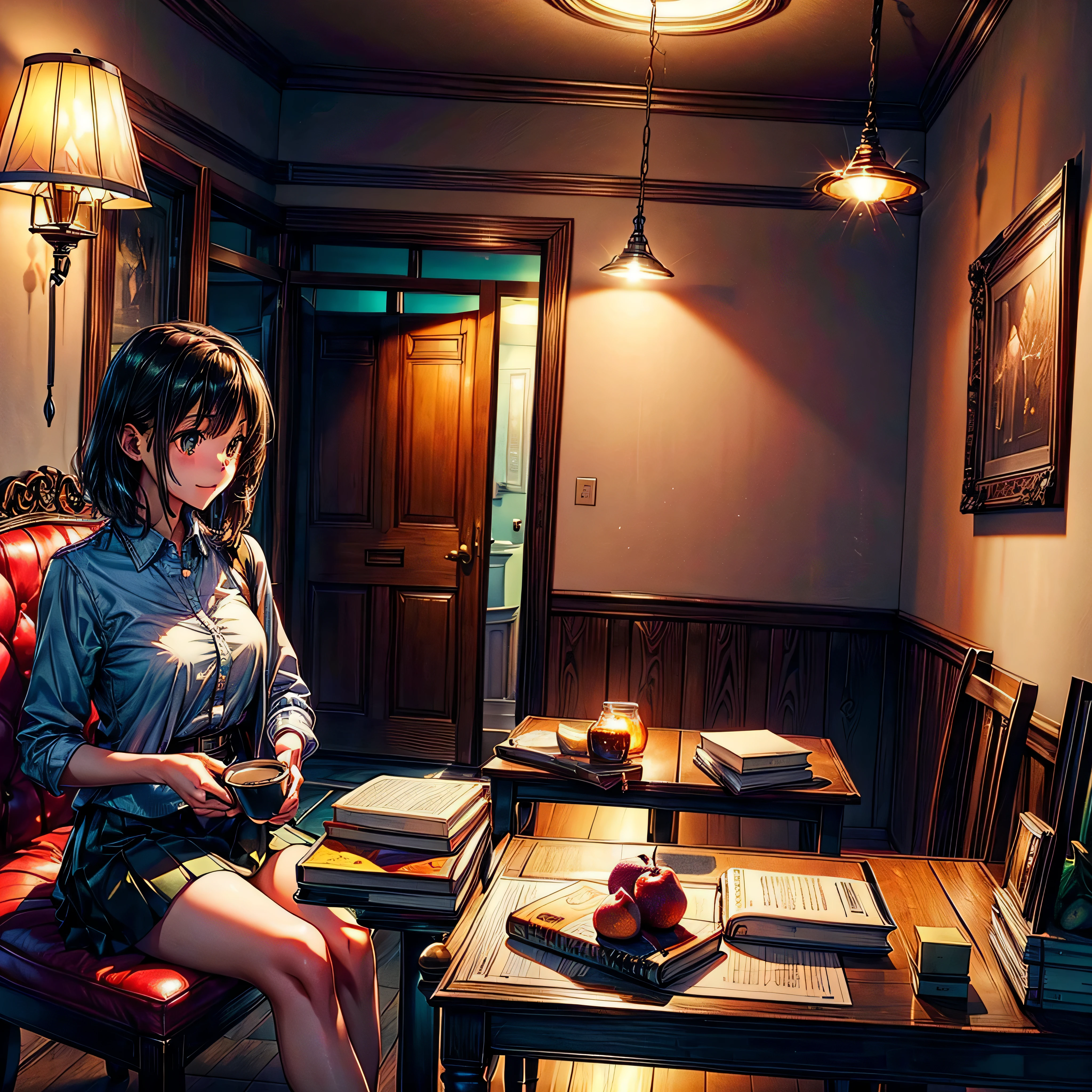A fine girl, with black hair, she is wearing short shorts and a shirt, she's 18, her eyes are dark brown, coffee, she loves coffee, she is holding a cup of coffee, she is black, has dark skin, Globe World Earth (epic tMasterpiece, ultra highest quality, ultra highest resolution, ultra high-definition, distinct_image, very elaborate CG cinematic_lighting ray_tracing drop_shadows (photorealistic: 1.4), ultra high-quality textures fine-grained realistic face expression): (Epic gorgeous girl brown short hair bulb frange big sparkling eyes, Eye level shot, happy smile, beauty, slim body small size breasts, holiday, own room, console disco, computer, display, keyboard, mouse, long leather skirt, collared shirt, leather vest, handgun holder, carrying leather bag on your back, long boots, antique radio, coffee, model train, bookshelf, spacious yellowchair, Pots, fans, paintings, stuffed animals, ties, notebooks, stationery, vases, photo frames, letters, fountain pens, calendars, lamps, cushions, baskets, mirrors reflecting in profile, candles, telephone, fruit, newspapers, sweets, city Eiffel view outside the window), Pendulum clock frog, varied multi etc. --v 6 --s 1000 --c 20 --q 5 --chaos 100