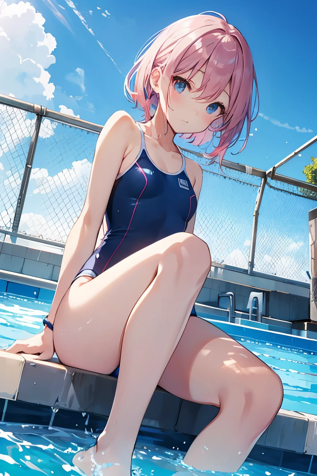 Blue sky、summer、Outdoor swimming pool at school、Poolside、Low - Angle、((from below:1.2)), chain link fence、high quality、最high quality、Complete limbs、Ultra-high resolution、Shining Eyes、Full hands and fingers、Slender beauty、Pink hair、wear school swimsuit、Poolside、sit