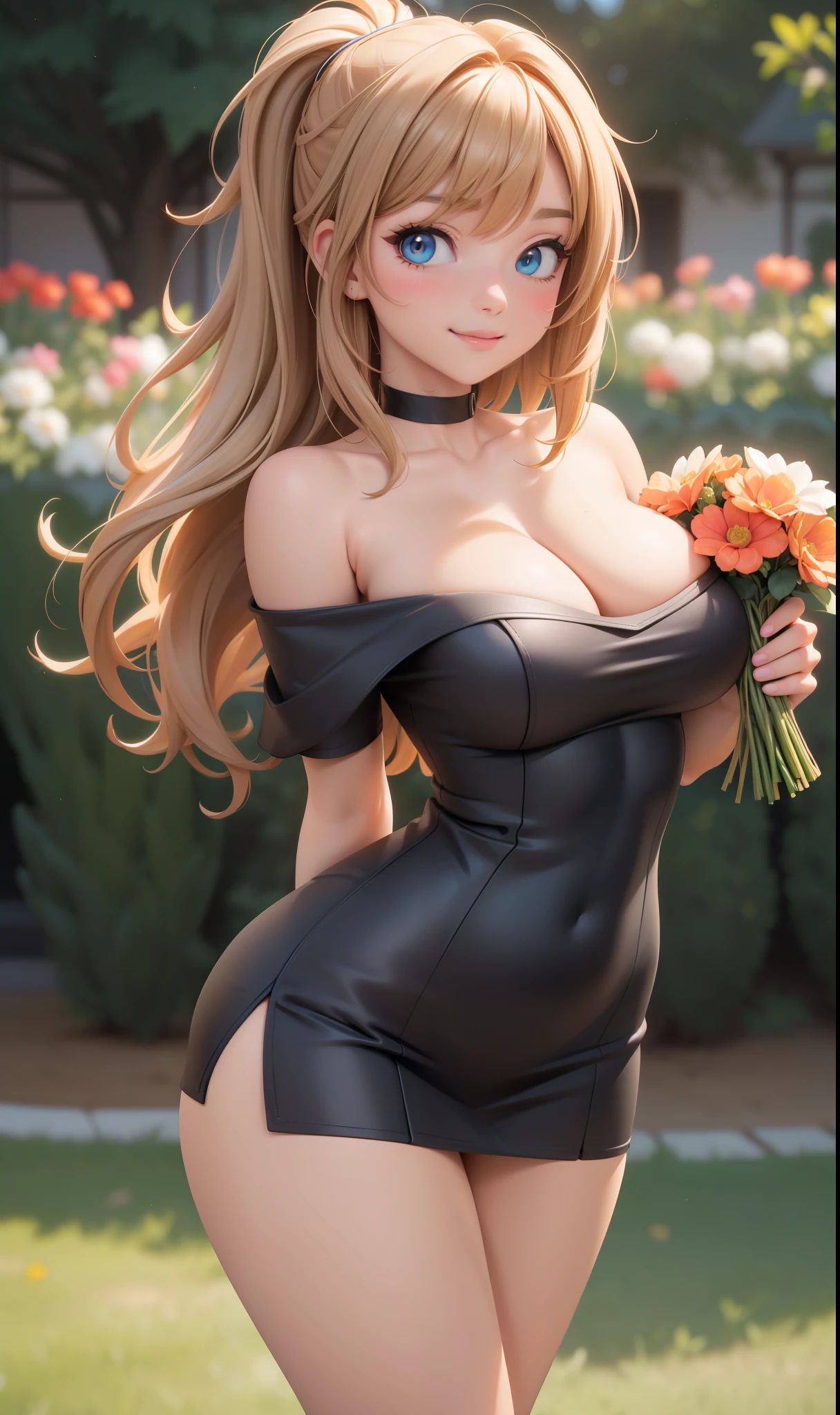 Medium round breasts, (1 mature Girl), ((light caramel color hair: 5.2, long straight style, messy bangs)), blue eyes, double eyelids, light effect on the eyes, wide hips, black off-the-shoulder skirt dress , stylish, beautiful smile, shy, blush on cheeks, ((sexy body)), solo, best quality, masterpiece, portrait, flirting with viewer, sensual pose, detailed, perfect anatomy, detailed art, high definition, 4k , high resolution, garden, grass, holding bouquet of flowers