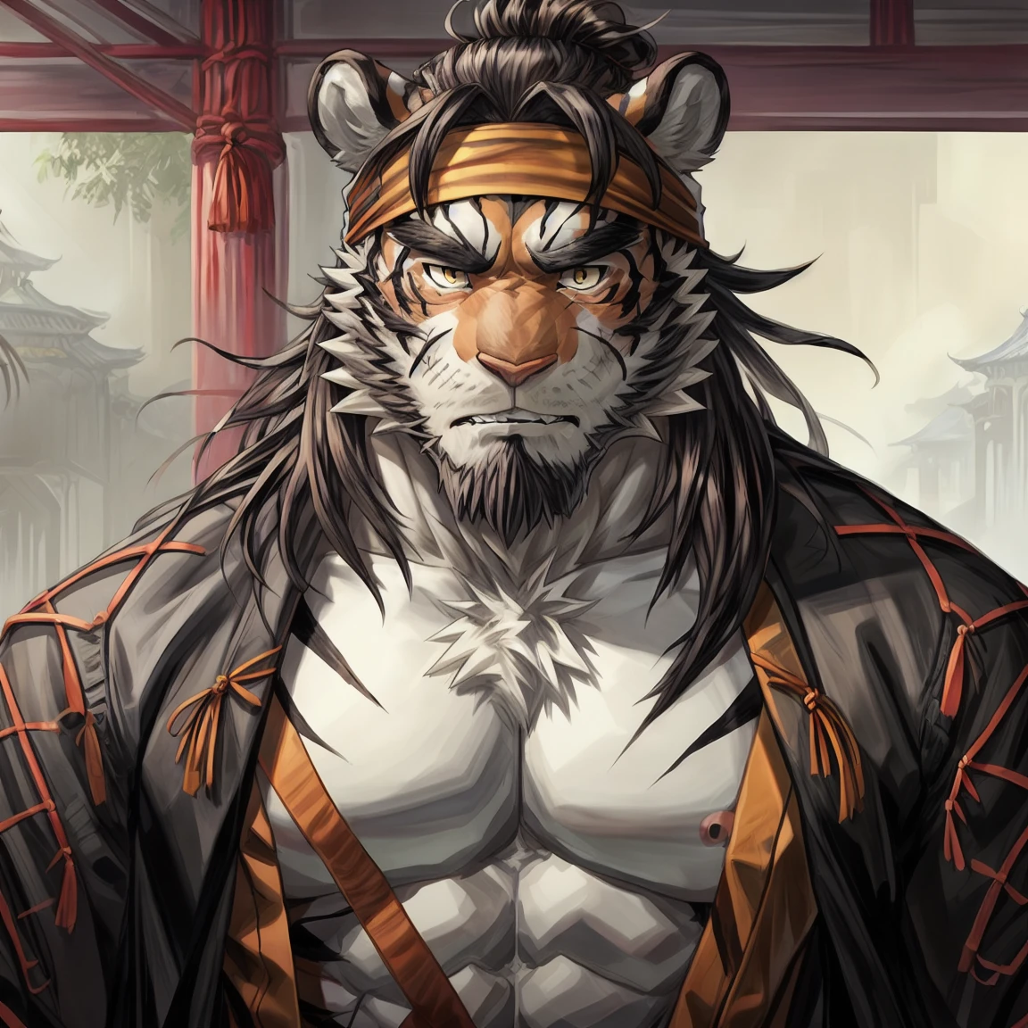 Masterpiece,Best quality,1boys,(Huai_Tianpei),Solo,Muscular male,hi，It's nothing,8K HD,Extreme detail,Detailed background,Masterpiece,Muscular,muscular anthro,aged up,view the viewer,hair-bun,Beard,Sideburns,Open clothes,Chinese clothes,Claws,Thick eyebrows,Orange body,Facial hair,Tiger tail,Brown hair,Headband,Tiger ears,Tiger Boy,Medium hair,Upper body,crazy, worried, sobbing, rape face, , frustrated, envy, disappointed, full-face blush, expressionless eyes, facing another, fang, yandere, glint, heavy breathing, nervous smile, tearing up, first-person view，Kiss me in front of the screen，begging