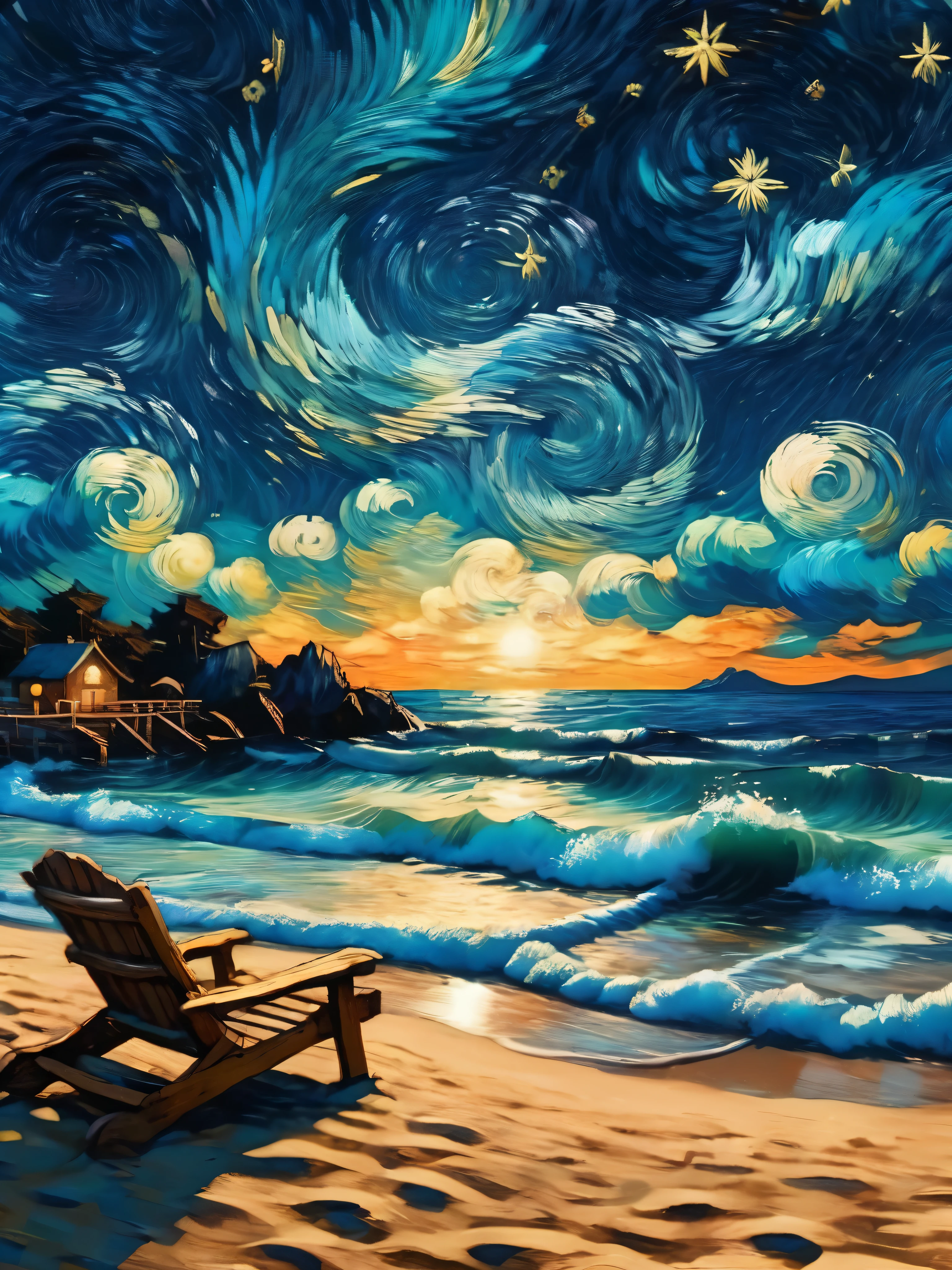 Dreamy anime scenery, starry night at the beach Vincent Van Gogh style