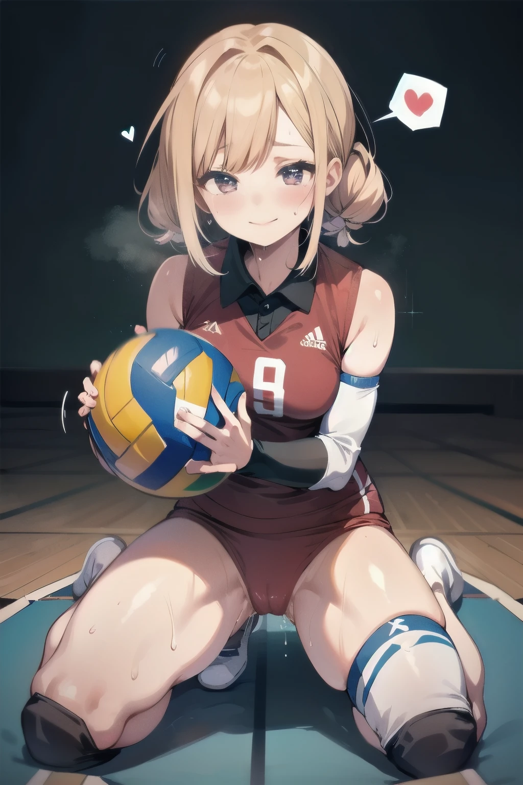 unity 8k wallpaper, anatomically correct, (((masterpiece))), (((best quality))), (((ultra detailed))), (((high-resolution))), ((Ultimate cutie)), perfect hands, perfect finger, (((good anatomy))), detailed beautiful face, shiny hair, (((gyaru))), (potbelly), (curvy), medium breasts, ((Thick thighs)), (((solo))), ((seductive smile)), (((blush))), (Eyes are heart marks), (heart shaped pupils), ((trembling)),
BREAK, (((sit astride the perfectly spherical shape 6-inch volleyball))), (((Straddling a perfectly spherical 6" volleyball))), (((Perfectly spherical 6" volleyball fits perfectly crotch))), BREAK, (((Rub the Perfectly spherical 6" volleyball against crotch))), (masturbation),
BREAK, adidas, (Collared volleyball uniforms), sleeveless, ((buruma)), ((kneepad)), ((pussy juice stained)), (elbow pad), (((sweat))), (((covered in sweat))), ((deep breathing)), in Volleyball Court, indoor, lighting, looking at viewer, full body, (spoken heart)