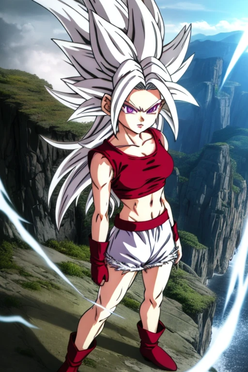 Kaulyr, silver hair, long hair, purple eyes, 1girl, solo, energy, torn_clothes, sparking eletricity, red headbang, green crop top, white gloves, black leggings, red fur, super saiyan 4, dramatic, cliffside, looking at viewer, black boots