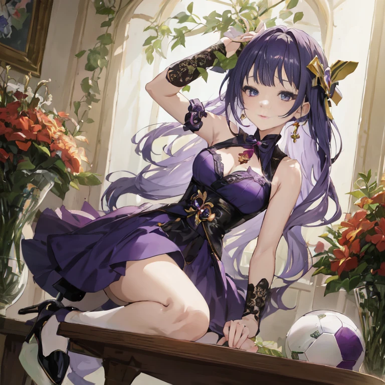 anime girl in purple dress sitting on a table with a soccer ball, ayaka genshin impact, marin kitagawa fanart, cute anime waifu in a nice dress, ayaka game genshin impact, hanayamata, cushart krenz key art feminine, anime visual of a cute girl, high detailed official artwork, guweiz on pixiv artstation