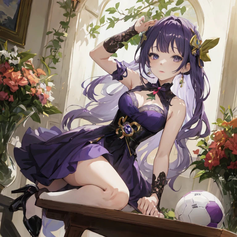 anime girl in purple dress sitting on a table with a soccer ball, ayaka genshin impact, marin kitagawa fanart, cute anime waifu in a nice dress, ayaka game genshin impact, hanayamata, cushart krenz key art feminine, anime visual of a cute girl, high detailed official artwork, guweiz on pixiv artstation