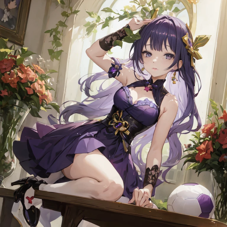 anime girl in purple dress sitting on a table with a soccer ball, ayaka genshin impact, marin kitagawa fanart, cute anime waifu in a nice dress, ayaka game genshin impact, hanayamata, cushart krenz key art feminine, anime visual of a cute girl, high detailed official artwork, guweiz on pixiv artstation