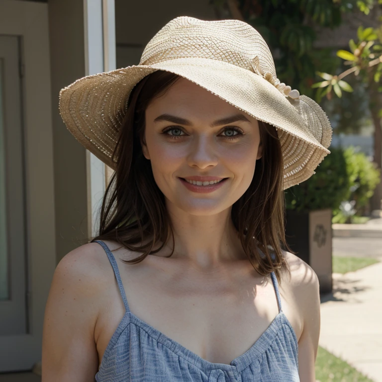 Emily Deschanel dressed in summer clothes with hat smiling