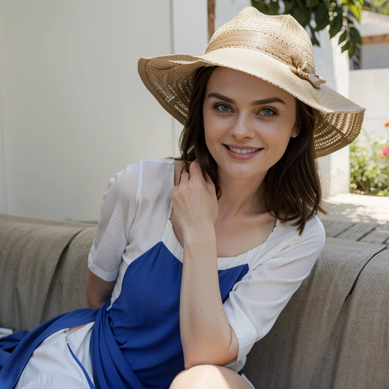 Emily Deschanel dressed in summer clothes with hat smiling