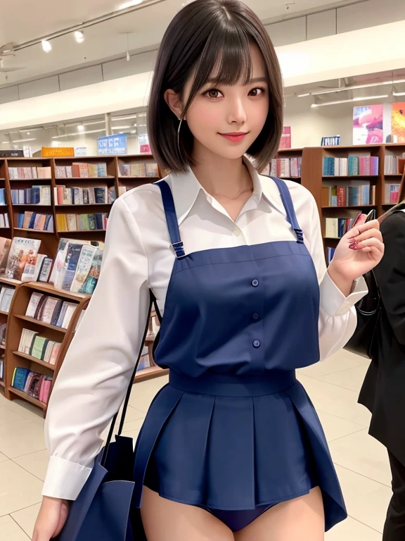 Product quality, One girl, Upper Body Shot, Front view, Young and beautiful woman in Japan, Long Bob Hair, evening、Standing in a crowded bookstore, Holding a book with a big smile, Beautiful sunset, Attractive person, Wearing a silky satin long sleeve shirt with a white collar、He is wearing a plain dark blue shiny satin tie.。, She is wearing a dark blue pleated long skirt, carrying a tote bag over his shoulder, Super cute face, glossy lips, Double eyelids on both eyes, Natural Makeup, Long eyelashes, shiny smooth light brown Long Bob Hair, Asymmetrical bangs, Sunburned skin, central image, High resolution, Attention to detail, detailed hairstyle, Detailed face, Spectacular movie lighting, Octane Rendering, Vibrant, Ultra-realistic, Perfect limbs, Perfect Anatomy, ((Panties:1.5))