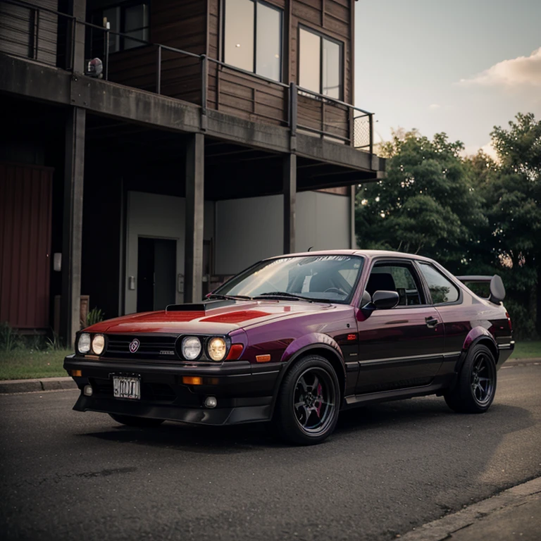 a red car with a black rim and a black hood, realistic cars, ae 8 6, highdetailed, 2k, 2 k, highly rendered!!, wrx golf, full car, 80s red sports car, wide body, front side full, hyper realistic”, hyper realistic ”, modded, highly detailed hyper real retro, 1 0 8 0 s, GlowingRunesAI_purple