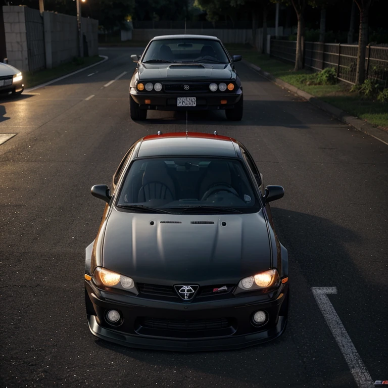 a red car with a black rim and a black hood, realistic cars, ae 8 6, highdetailed, 2k, 2 k, highly rendered!!, wrx golf, full car, 80s red sports car, wide body, front side full, hyper realistic”, hyper realistic ”, modded, highly detailed hyper real retro, 1 0 8 0 s, GlowingRunesAI_purple