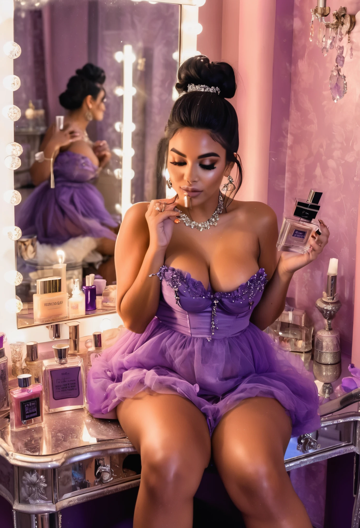 medium tan women with long black hair, thick curvy body, flawless makeup, messy bun hairstyle, jewelry, wearing a purple babydoll dress and jeweled sandals, she's sitting at the vanity spraying perfume on her neck with a vintage perfume bottle with the pump, background elegantly decorated powder room, mirror, candles, etc