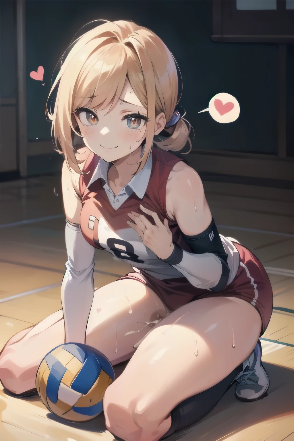 unity 8k wallpaper, anatomically correct, (((masterpiece))), (((best quality))), (((ultra detailed))), (((high-resolution))), ((Ultimate cutie)), perfect hands, perfect finger, (((good anatomy))), detailed beautiful face, shiny hair, (((gyaru))), (potbelly), (curvy), medium breasts, ((Thick thighs)), (((solo))), ((seductive smile)), (((blush))), (Eyes are heart marks), (heart shaped pupils), ((trembling)),
BREAK, (((sit astride the perfectly spherical shape 6-inch volleyball))), (((Straddling a perfectly spherical 6" volleyball))), (((Perfectly spherical 6" volleyball fits perfectly crotch))), BREAK, (((Rub the Perfectly spherical 6" volleyball against crotch))), (masturbation),
BREAK, adidas, (Collared volleyball uniforms), sleeveless, ((buruma)), ((kneepad)), ((pussy juice stained)), (elbow pad), (((sweat))), (((covered in sweat))), ((deep breathing)), in Volleyball Court, indoor, lighting, looking at viewer, full body, (spoken heart)