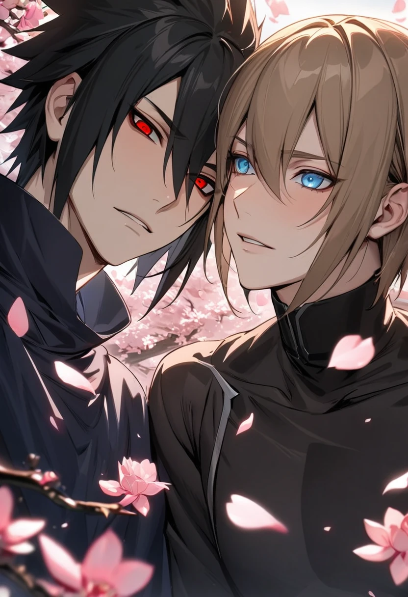 absurdres, highres, ultra detailed, HDR, masterpiece, Uchiha Sasuke, expressive red eyes, black hair, hair between the eyes, Naruto Shippuden, Dainsleif, straight brown hair, with bangs, expressive blue eyes, Genshin Impact, 2men together, gay couple, handsome, black ninja clothes, pink flowers, pink butterflies, petals, blossoms