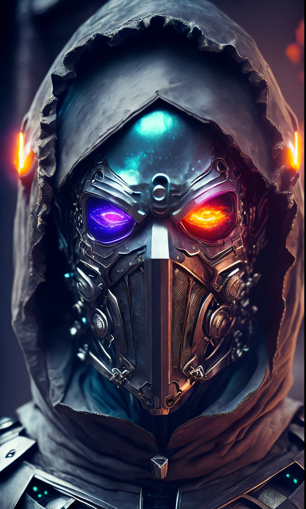 breathtaking cinematic science fiction photo of a portrait of a non human masked Grim wrapped in universal smoke chrome metal skin, body full glowing metrics inside, glowing multicoloured eyes, multifaceted eyes, metallic arms, inside a destroyed building, extremely menacing creature, highly detailed, award-winning