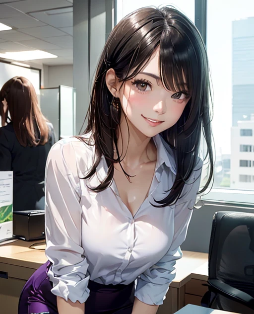 (masterpiece:1.3), High resolution, Super detailed, Highly detailed CG unity 8k wallpaper, Realistic, photo-Realistic, RAW Photos, Beautifully detailed face, Pale skin, Realistic glistening skin, Detailed cloth texture, Detailed hair texture, Perfect body, Beautiful Face, Accurate, Anatomically correct, Highly detailed face and skin texture, Natural neck length, (beautiful hand air skin:1.2), Thin legs, Thin legs,
break,
Fine grain, Symmetrical eyes, Light brown eyes, double eyelid, Thin eyebrows, (glossy lips:1.4), ((Smiling Kindly, Wait for a kiss:1.2)), (blush:1.1),
break,
(classy and cute girl:1.3), (Wearing an elegant light purple button shirt:1.2), (Wear a long pencil skirt:1.2), close button,
Large Breasts, (Slim figure:1.1), Toned Abs, Beautiful clavicle,
(Black Hair, Straight Hair, Medium:1.2), ((Asymmetrical bangs:1.2)),
break,
((Standing at the reception desk, Leaning forward:1.1)), (In a modern office building in Japan:1.2), (Face close-up:1.2), View your viewers, from the front,Full Body