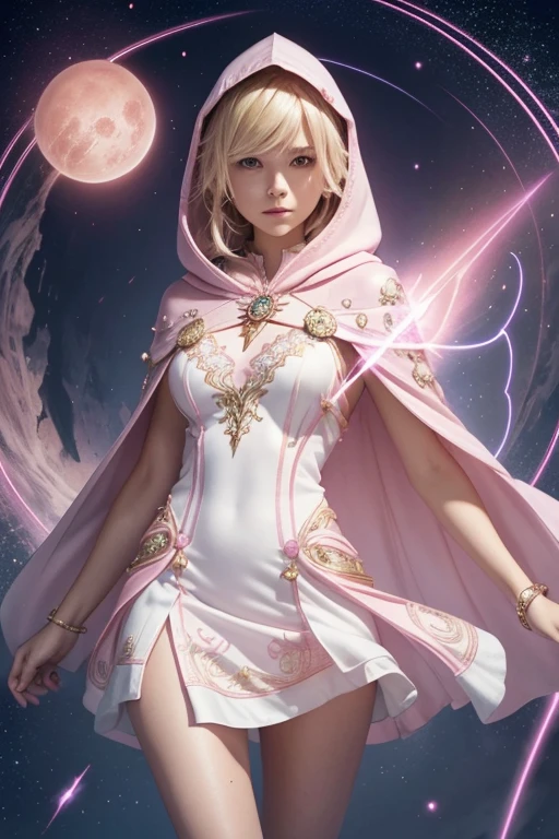 Female blond tomboy hair dark fantasy girl wearing an intricate elaborate futuristic light pink mini dress with elaborated white ornaments, pink pointed hooded tunic no helmet, pink short cape, pink short mini skirt, wearing a short staff, blue eclipse, magic conjuring circle behind, ethereal lightning, sharp focus
