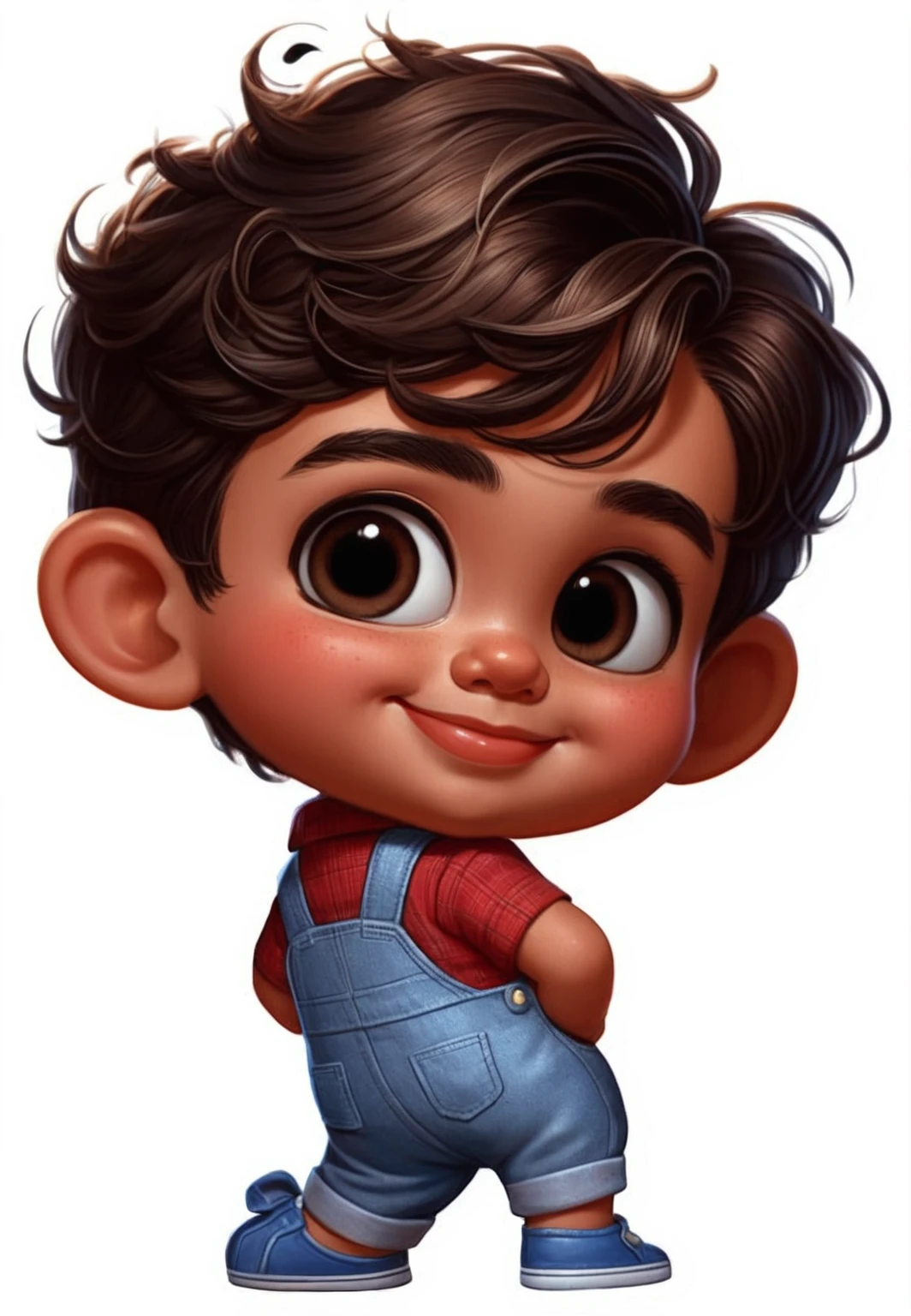 Disney Pixar style of 2 year old boy smiling,cara de sapeca, pele morena, cabelo curto escuro encaracolado, olhos grandes puxados castanho, full mouth child's body wearing light blue overalls or dungarees with red blouse facing forward, sapato azul