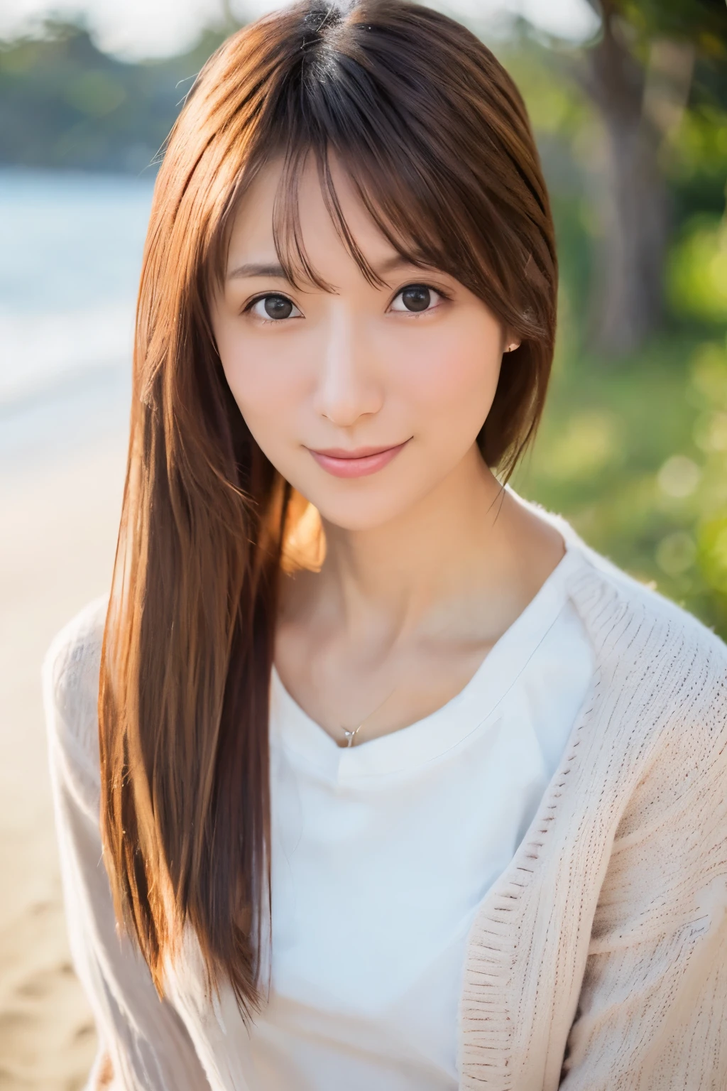 Top quality, realistic, perfect human body structure, very detailed, very delicate and beautiful, RAW photography, beach, professional lighting, luminescence, depth of field, single focal, full body, Skinny Japanese lady, 30 year old lady, brown hair, small head, beautiful eyes, real face, realistic skin, detailed eyes, (fashionable hairstyle: 1.3), sexy pose, absurderes、Incredibly Ridiculous res、Extremely fine、Blouse