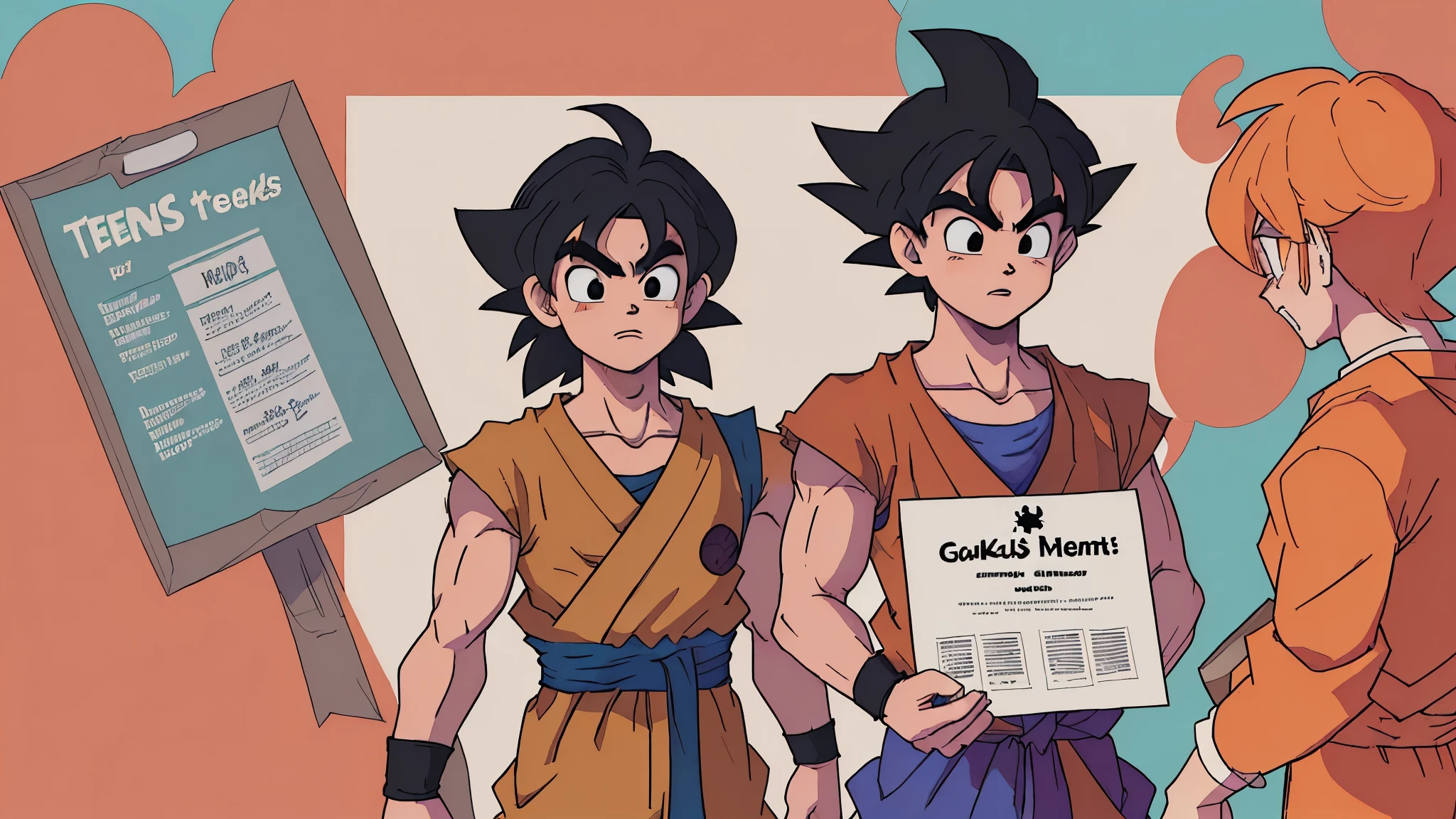Goku hold a help menu poster in hand