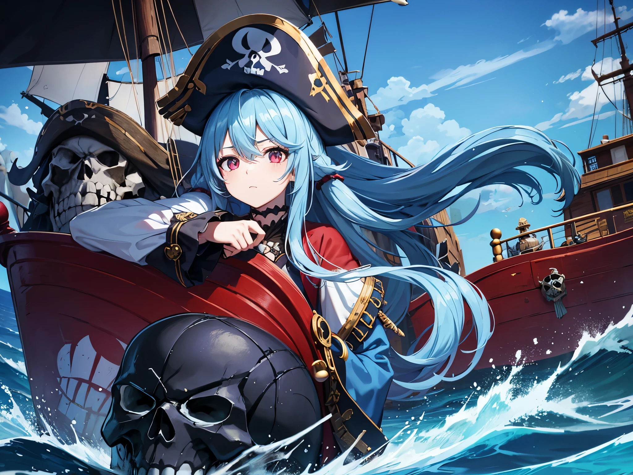 Light blue long hair、Beautiful girl with twin tails、"pirate skull", Open seaにpirate shipの背景、Red pirate costume、Many hat colors, Gold accessories, Shining Eyes、Skull face with many tattoos. All images must have a skull face. pirate ship、Open sea、sunny