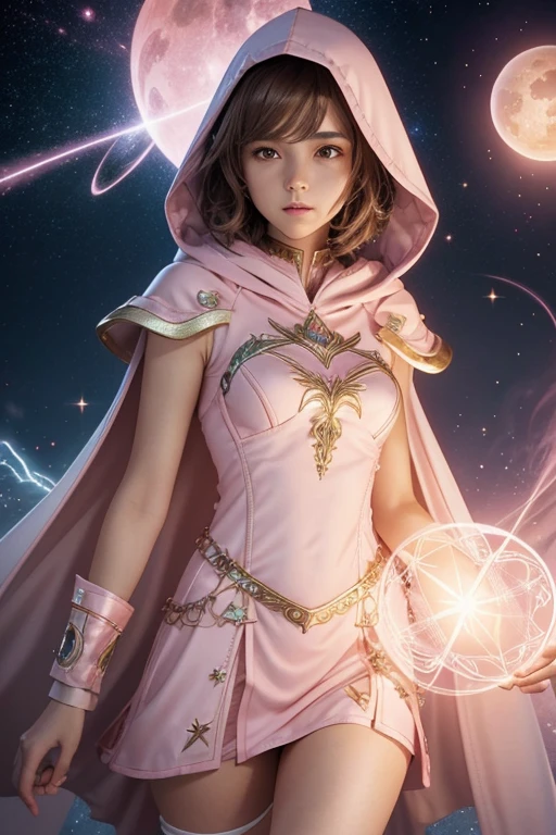 Female light brown tomboy hair dark fantasy girl wearing an intricate elaborate futuristic light pink mini dress with elaborated white ornaments, pink pointed hooded tunic no helmet, pink short cape, pink short mini skirt, wearing a short staff, blue eclipse, magic conjuring circle behind, ethereal lightning, sharp focus